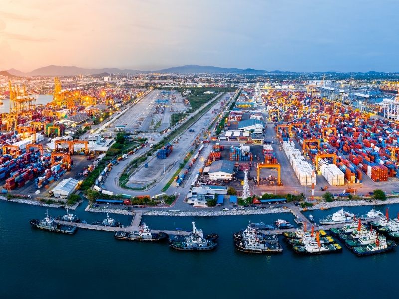 Aerial view of the Northwest Seaport Alliance container terminals at Seattle and Tacoma